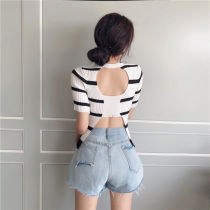  Hollow halter top female sense of mind striped short-sleeved T-shirt summer 2020 new thin elastic small t-shirt