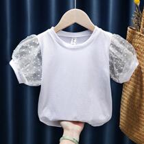 Girls t-shirt 2021 Baby summer dress Little girl Solid color mesh bubble sleeve Short sleeve T-shirt Western style round neck top
