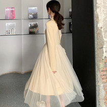 Western style super fairy mesh long sleeve bottom dress female 2021 autumn winter temperament French retro knee knitted long skirt