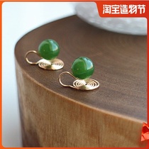 Hetian Jasper green ear clip original design painless no ear pierced high-end earrings