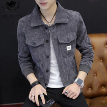 Net red jacket jacket mens corduroy spring and autumn Korean version of slim trend thickening plus velvet lapel handsome mens shirt