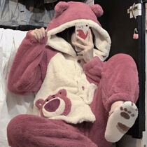 2021 Han Cute Little Bear Coral Fleece Suede Cap Sleeping Suit Woman Autumn Winter Thickened Warm Home Clothing Two Sets