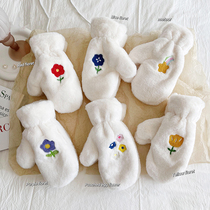 Korean version Ins cute plush gloves female winter warm thickening plus suede hanging neck full-pack armchair even for students