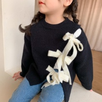  Girls Pullover bow sweater 2021 spring Korean childrens round neck black knitted top split Western trend