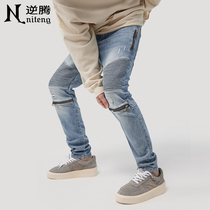 Summer American rework sashimi jeans mens knees zipper breaking holes comeback ancient tide cards small feet long pants thin