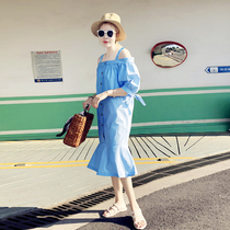 2021 summer blue collarbone shoulder dress female summer long French suspender skirt Korean version of fishtail skirt