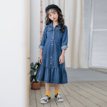 Girls autumn long-sleeved dress childrens denim skirt spring and autumn Korean version of the net red foreign style girl waist princess dress