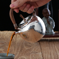 S999 pure silver Puer tea tea maker Tiliang red wood with hammer veins pure handmade household burning water small silver pot kung fu tea furniture