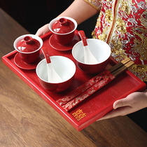 Red wedding tray wedding tea tray teacup hi plate round candy wooden bride wedding toast toast tea red