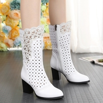 Female Tennis Boots Mid-Cylinder Mesh Yarn Hollowed-out 2022 Spring New Woman Boots Genuine Leather High Heel 100 hitch Round Head Single Boots