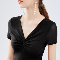 V-neck national standard dance top womens new Latin short-sleeved mesh dance suit Modern ballroom dance square dance practice suit t