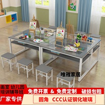  Painting table Art table Training tempered glass double-layer desks and chairs Primary school students color calligraphy learning table