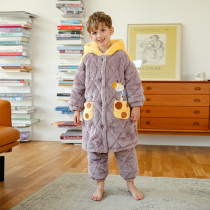 Boys coral velvet triple-layer padded pajamas childrens flannel plus velvet home suit set Boys autumn and winter
