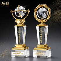 Creative crystal trophy custom metal globe Handshake trophy custom excellent team employee award lettering