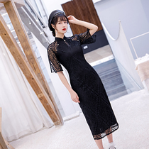 Black cheongsam 2021 new young girl summer lace temperament sexy slim modified dress