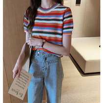 Net red T-shirt female ins Super fire 2021 summer new female loose rainbow stripe ice silk short sleeve t-shirt shirt top