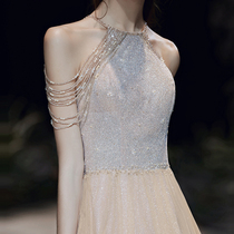  Dress skirt banquet temperament 2021 new pink halter neck French long high-end texture bride wedding toast dress female