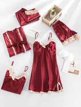 Pajamas womens summer thin ice silk high-quality lace with chest pad nightdress nightgown spring and autumn home service five-piece suit