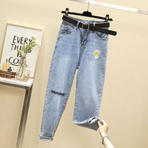 2021 Spring and Autumn New Little Daisy High Waist Jeans Womens Loose Straight Large Size Joker Slim Legs Daddy Pants