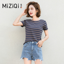 Mizi flag New stripe T-shirt Women summer short sleeve 2021 top Joker slim half sleeve shirt base shirt tide ins
