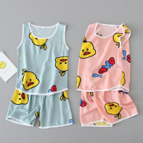 Childrens Pajamas Summer Cotton Silk Boys Vest Suit Thin Section Boys and Girls Artificial Cotton Sleeveless Kids Homewear