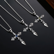 s925 Sterling Silver Cross mens pendant diamond domineering Demon Sword necklace Korean fashion retro trendy men long chain