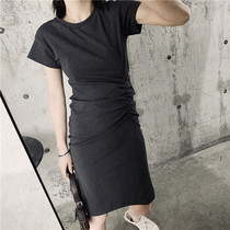 South Korea counter 2021 summer slim slim slim medium long hip waist T-shirt skirt short sleeve stretch dress women