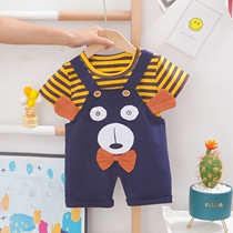 Mens and womens childrens baby short-sleeved summer female treasure Yangqi Childrens one-year-old baby bib clothes Childrens summer two-piece set tide