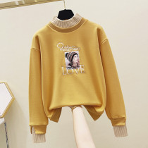 Yellow fake two-piece sweatshirt woman plus velvet thickened 2020 autumn and winter new ocean gas loose half high collar blouses