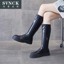 2021 black leather English style boots Womens muffin platform thick soles knee frieze street Knight boots WL0814