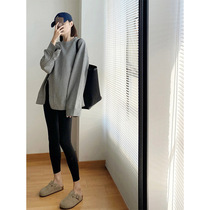 Honey color xuan gray round neck plus fleece sweater womens 2022 autumn and winter new slit design sense niche all-match tops