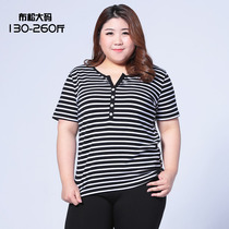 2019 summer new fat plus size short sleeve stripe T-shirt women fat mm loose slim top 200 Jin casual