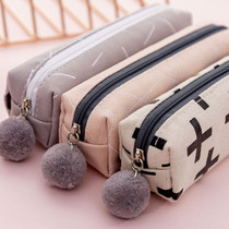 Korean creative pompom zipper canvas pen bag hipster simple multifunctional pencil bag student stationery bag