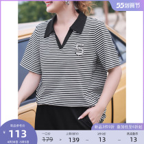 MsShe Big Code Womens Dress 2022 New Summer Dress Fat Mm Casual V Character Flip-Collar Pinstripe Black Short Sleeve T-shirt