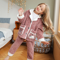 Girls Coral Velvet Pajamas Autumn and Winter Children Flannel Home Clothing Set Coated Medium Children Winter Little Girl