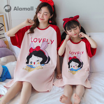 Mother girl summer short sleeves cotton thin womens pajamas princess style cute cartoon nightdress home wear parent-child wear