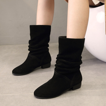 2019 frosted leather flat-bottomed fur midboot womens autumn half-barrel boots Martin short boots thick heel