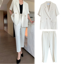 Summer large size thin short sleeve blazer women fat mm200 kg professional ankle-length pants two-piece suit suit suit