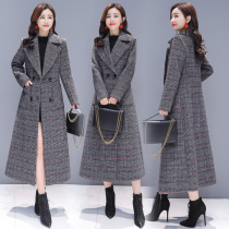 Long woolen coat womens 2021 new winter Korean version of plaid thick coat Slim over knee woolen coat