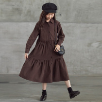 Girls dress western style long section spring and autumn new forest series big children corduroy lapel long sleeve cake skirt trendy
