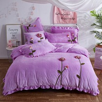 Autumn Winter Warm Crystal Suede Handcrafted Solid Floral Flannel Velvet Milk Suede Coral Suede Thickened cover Quilt Cover Four Pieces