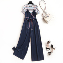 Fashion wide leg pants womens summer 2021 lace-up waist bib pants striped sweater two-piece set F479