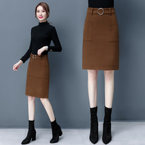 Wool skirt women 2022 autumn winter new high waist slim mid-length hip skirt split tweed one step skirt