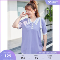 MSShe big code womens dress 2022 new Summer Fat mm College Wind Coloured POLO Jersey Pearl Ground Cotton T-shirt Blouse