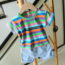 Clearance Baby Stripe Short Sleeve T-Shirt Denim Shorts Korean Short Sleeve Set 131