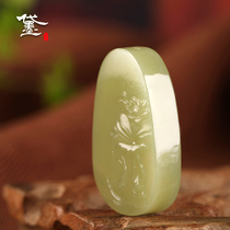 Dai Mo (jewelry)Hetian jade lotus pendant Blue and white jade lotus pendant Qinghai mountain material yellow mouth safety card