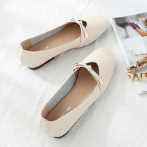 Doudou shoes womens 2021 new summer pregnant women soft leather flat bottom soft bottom wild square head shallow mouth Mary jane single shoes