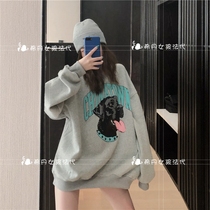 sandro asw long clothes female 2021 Autumn New Korean loose slim cartoon print plus velvet coat