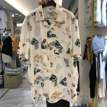 Summer New East Gate Shirt South Korea Mens Clothing Print Loose Casual Beach Ice Silk Short Sleeve Shirt Woman