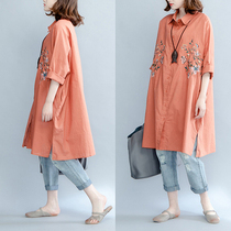 Fat Mm Summer Dress New Micro Fat Art Big Code Womens Dress Shirt Loose Medium Long Cotton Linen Embroidered Linen Dress Dress